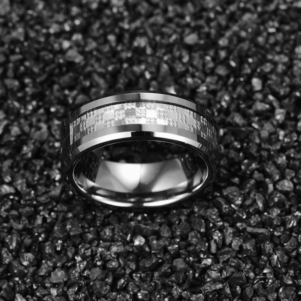 Men's 8mm Silver Checker Inlaid Tungsten Carbide Ring