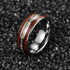 Men's 8mm Inlaid Wood Grain and Fire Opal Tungsten Carbide Ring