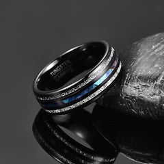 Men's 8mm Electric Black | Blue Opal and Inlaid Meteorite Black Tungsten Carbide Ring