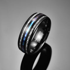 Men's 8mm Electric Black | Blue Opal and Inlaid Meteorite Black Tungsten Carbide Ring