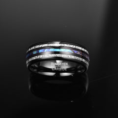 Men's 8mm Electric Black | Blue Opal and Inlaid Meteorite Black Tungsten Carbide Ring