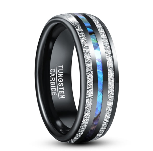 Men's 8mm Electric Black | Blue Opal and Inlaid Meteorite Black Tungsten Carbide Ring