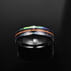 Men's 8mm Electric Black | Green | Blue Abalone and Wood Grain Inlay Black Tungsten Carbide Ring