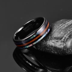 Men's 8mm Electric Black | Green | Blue Abalone and Wood Grain Inlay Black Tungsten Carbide Ring