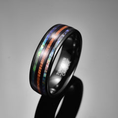 Men's 8mm Electric Black | Green | Blue Abalone and Wood Grain Inlay Black Tungsten Carbide Ring