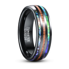 Men's 8mm Electric Black | Green | Blue Abalone and Wood Grain Inlay Black Tungsten Carbide Ring