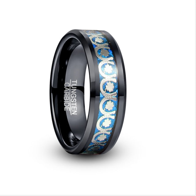 Men's 8mm Lucky Horseshoe Inlay Black Tungsten Carbide Ring