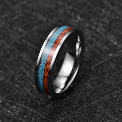 Women's 6mm Inlaid Turquoise Shell and Wood Grain Silver Tungsten Carbide Ring