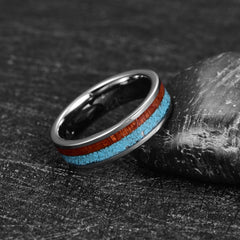 Women's 6mm Inlaid Turquoise Shell and Wood Grain Silver Tungsten Carbide Ring