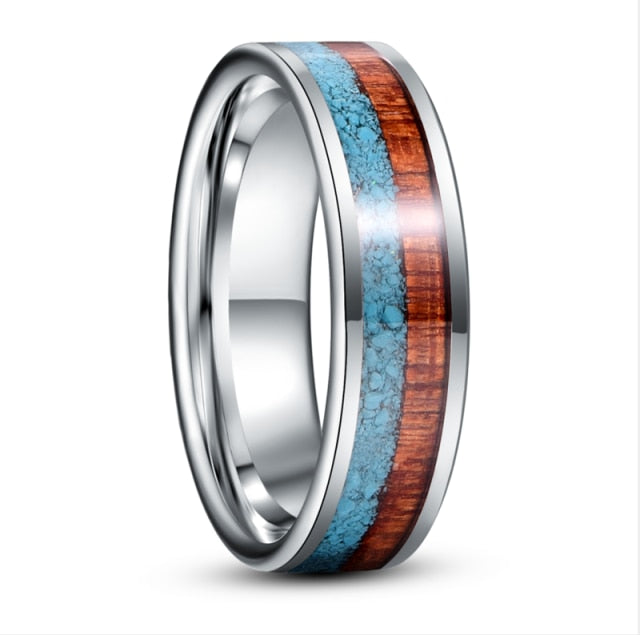 Women's 6mm Inlaid Turquoise Shell and Wood Grain Silver Tungsten Carbide Ring