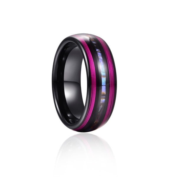 Men's 8mm Electric Inlaid Purple Guitar String and Abalone Black Tungsten Carbide Ring