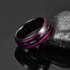 Men's 8mm Electric Inlaid Purple Guitar String and Abalone Black Tungsten Carbide Ring