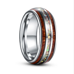 Men's 8mm Inlaid Wood Grain and Fire Opal Tungsten Carbide Ring