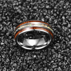 Men's 8mm Inlaid Wood Grain and Fire Opal Tungsten Carbide Ring