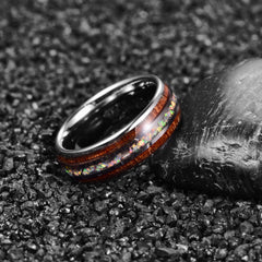 Men's 8mm Inlaid Wood Grain and Fire Opal Tungsten Carbide Ring