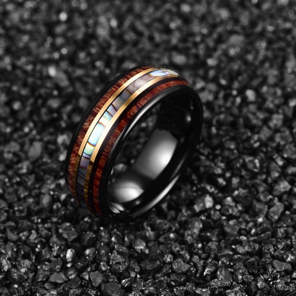 Men's 8mm Gold Acacia Wood Grain Pearl Shell Inlaid Black Tungsten Carbide Ring