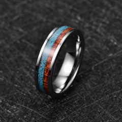 Women's 6mm Inlaid Turquoise Shell and Wood Grain Silver Tungsten Carbide Ring