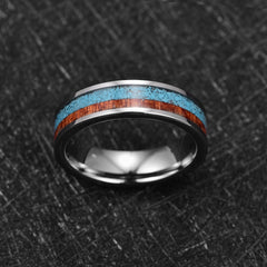 Women's 6mm Inlaid Turquoise Shell and Wood Grain Silver Tungsten Carbide Ring