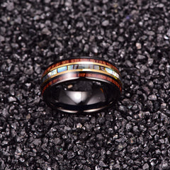 Men's 8mm Gold Acacia Wood Grain Pearl Shell Inlaid Black Tungsten Carbide Ring