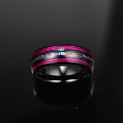 Men's 8mm Electric Inlaid Purple Guitar String and Abalone Black Tungsten Carbide Ring