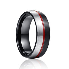 Men's 8mm Black and Silver Red Groove Tungsten Carbide Ring