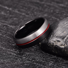 Men's 8mm Black and Silver Red Groove Tungsten Carbide Ring