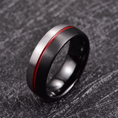 Men's 8mm Black and Silver Red Groove Tungsten Carbide Ring