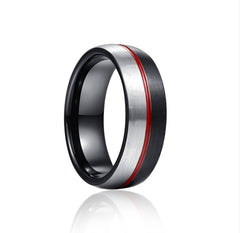 Men's 8mm Black and Silver Red Groove Tungsten Carbide Ring