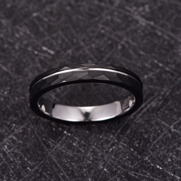 Women's 4mm Tungsten Carbide Silver Offset Inlay Hammered Tungsten Carbide Ring