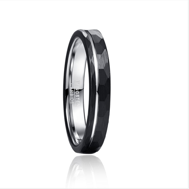 Women's 4mm Tungsten Carbide Silver Offset Inlay Hammered Tungsten Carbide Ring