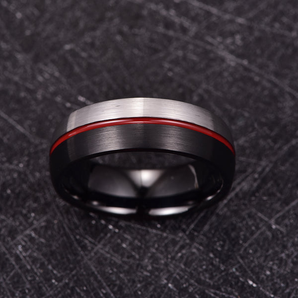 Men's 8mm Black and Silver Red Groove Tungsten Carbide Ring