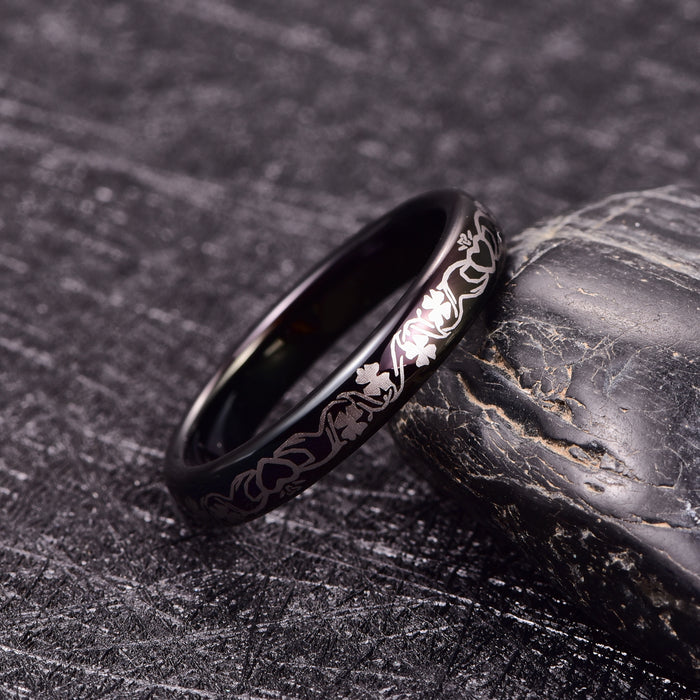 Women's 4mm Black Four-Leaf Clover Tungsten Carbide Ring