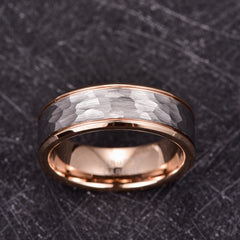 Men's 8mm Silver Hammered Rose Gold Inner Tungsten Carbide Ring