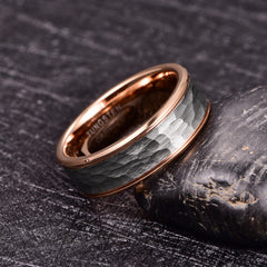 Men's 8mm Silver Hammered Rose Gold Inner Tungsten Carbide Ring