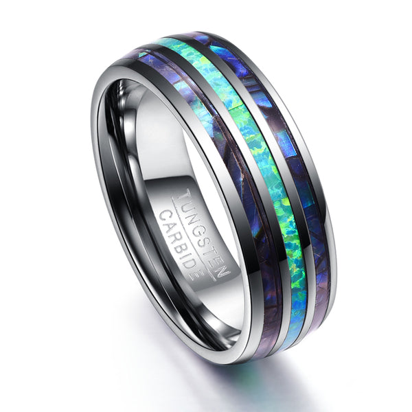 Men's 8mm Aqua and Azur Polished Abalone Shell Tungsten Carbide Ring