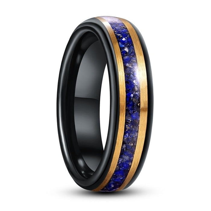 Unisex 6mm Gold and Inlaid Lapis Lazuli Black Tungsten Carbide Ring