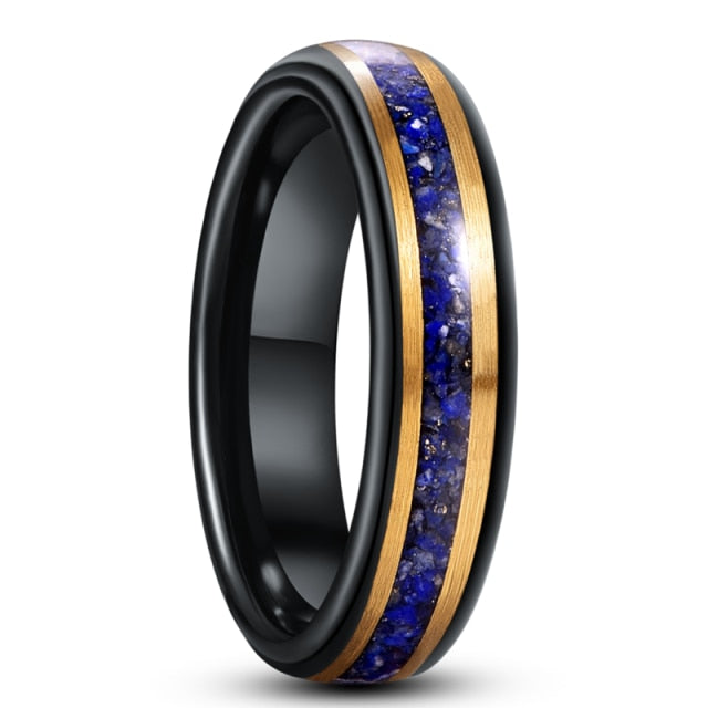 Unisex 6mm Gold and Inlaid Lapis Lazuli Black Tungsten Carbide Ring