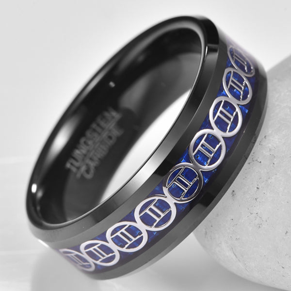 Men's 8mm Inlaid Gemini Black Tungsten Carbide Ring