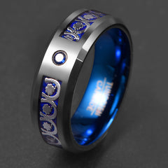 Men's 8mm  Blue Inlaid Horseshoe Four-Leaf Clover Tungsten Carbide Ring