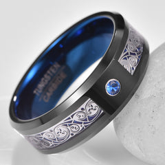 Men's 8mm Triple Spiral Inlaid Blue Zirconia Tungsten Carbide Ring