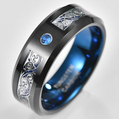 Men's 8mm Triple Spiral Inlaid Blue Zirconia Tungsten Carbide Ring