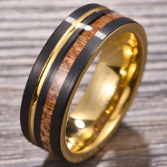 Men's 8mm Inlaid Gold Wood Grain Tungsten Carbide RIng