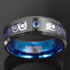 Men's 8mm  Blue Inlaid Horseshoe Four-Leaf Clover Tungsten Carbide Ring