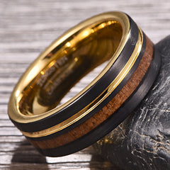 Men's 8mm Inlaid Gold Wood Grain Tungsten Carbide RIng