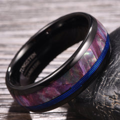 Men's 8mm Inlaid Purple Shell Blue String Tungsten Carbide Ring