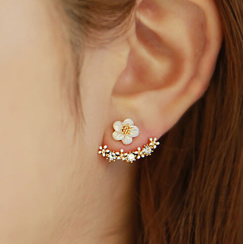 Gold White Daisy Flower CZ Crystal Rhinestone Jacket Earrings