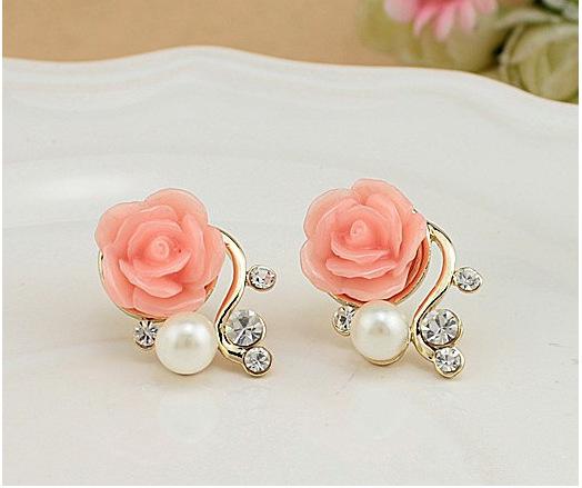 Pink Acrylic Rose And Pearl Post Earrings