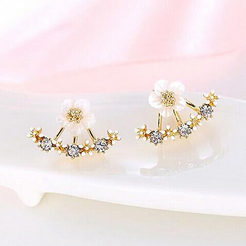 Gold White Daisy Flower CZ Crystal Rhinestone Jacket Earrings