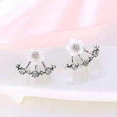 Gold White Daisy Flower CZ Crystal Rhinestone Jacket Earrings