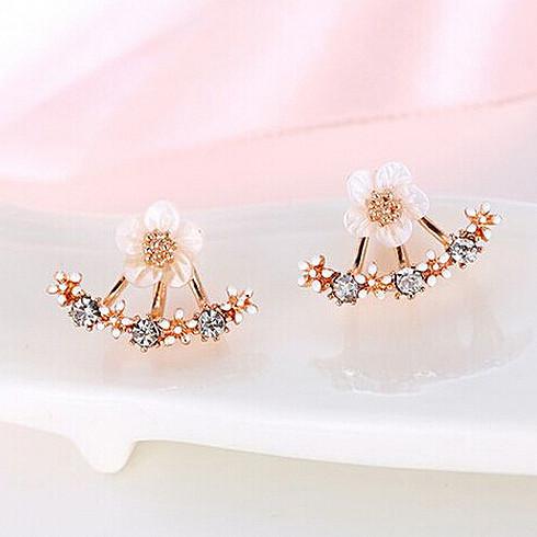 Rose Gold White Daisy Flower CZ Crystal Rhinestone Jacket Earrings